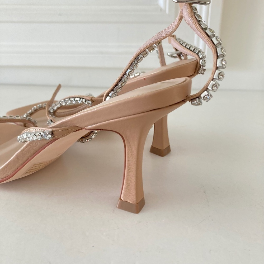 NWOT Anthropologie Silent D Embellished Gem Square Toe Nude Leather Heels Sz 38 - Picture 5 of 5